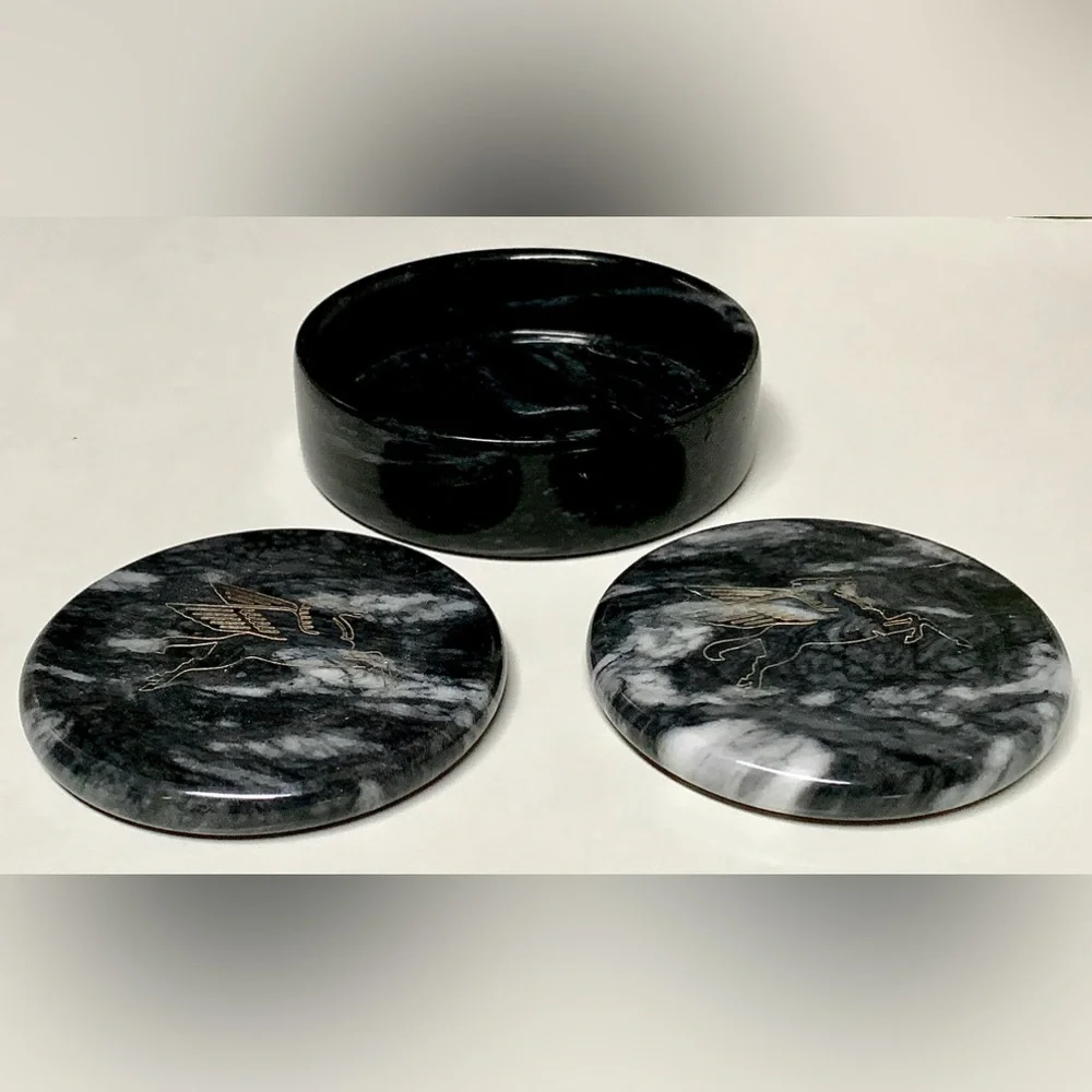 Vintage Executive Set of 2 Black Marble MOBIL Pegasus Logo Drink Coasters
